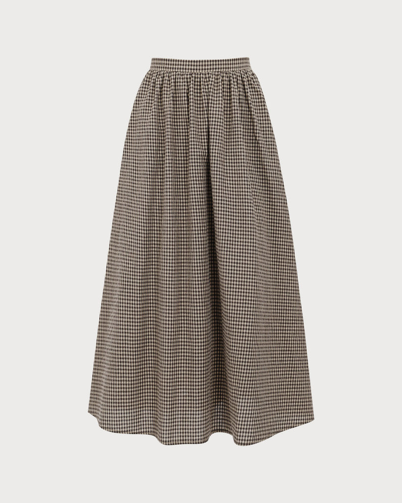 Brown Plaid High-Waisted Pocket Midi Skirt