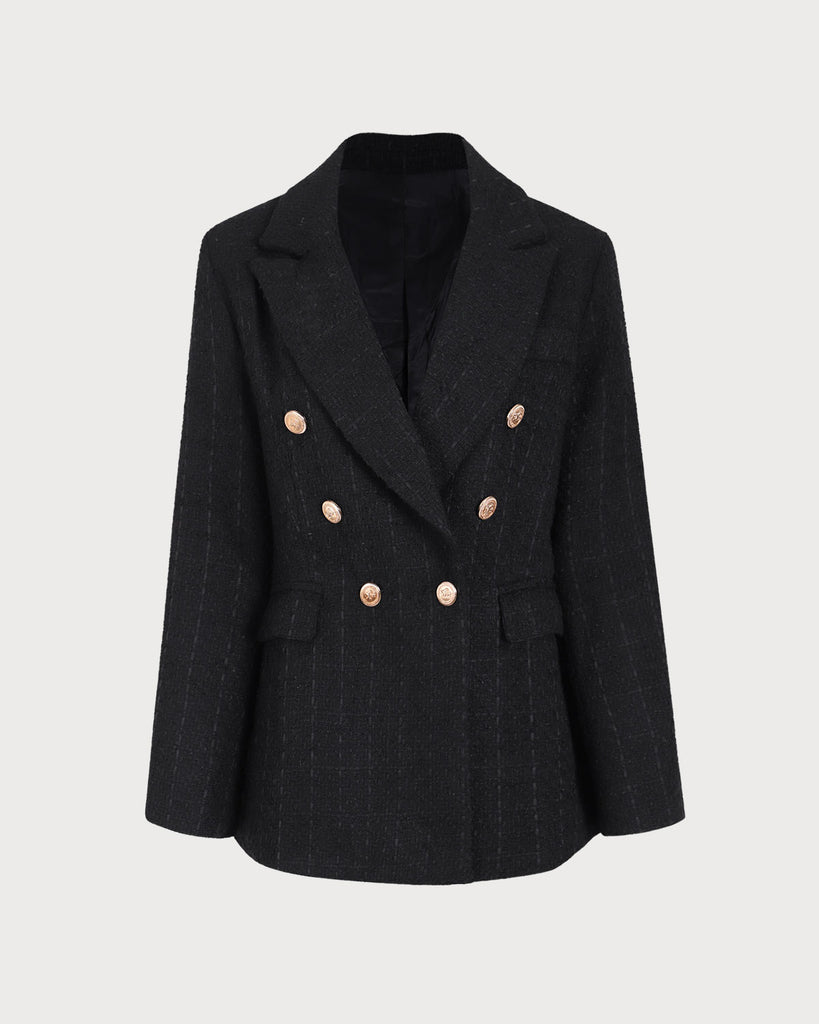 Women's Black Double-breasted Tweed Blazer