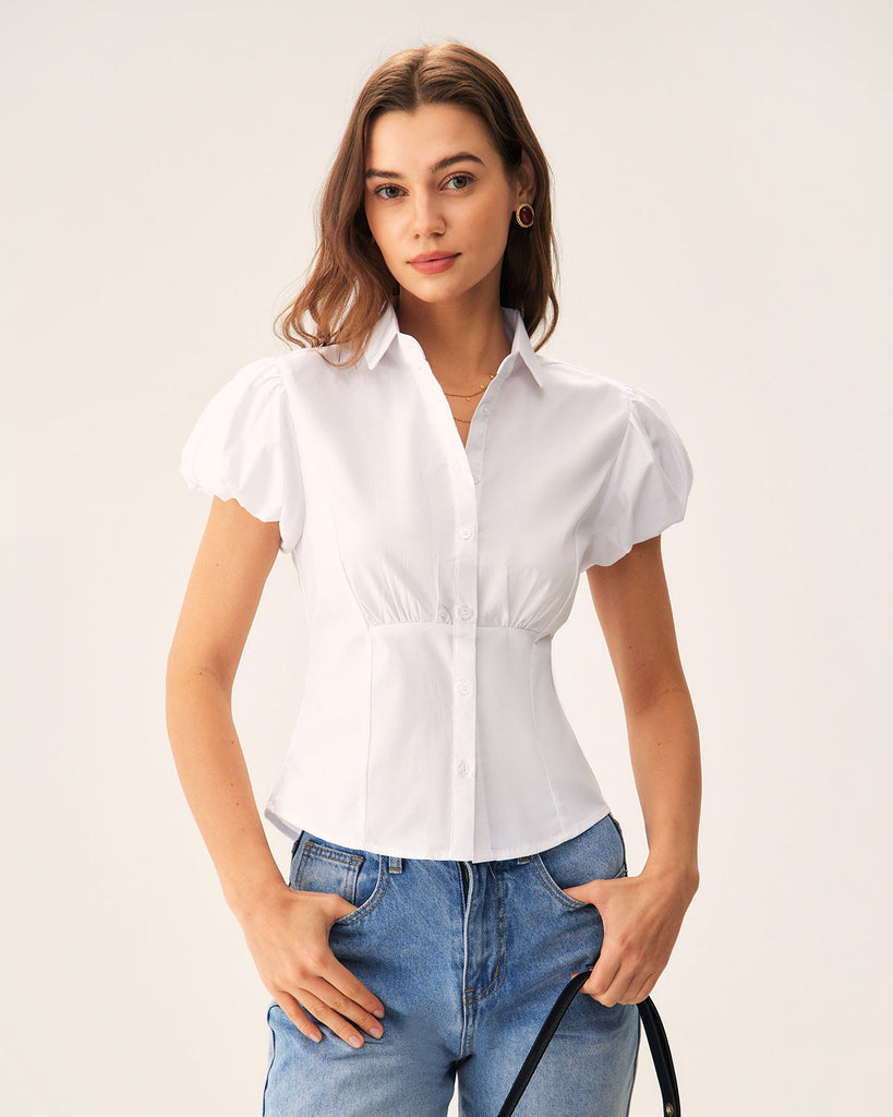 White Puffed Sleeve Slim Blouse