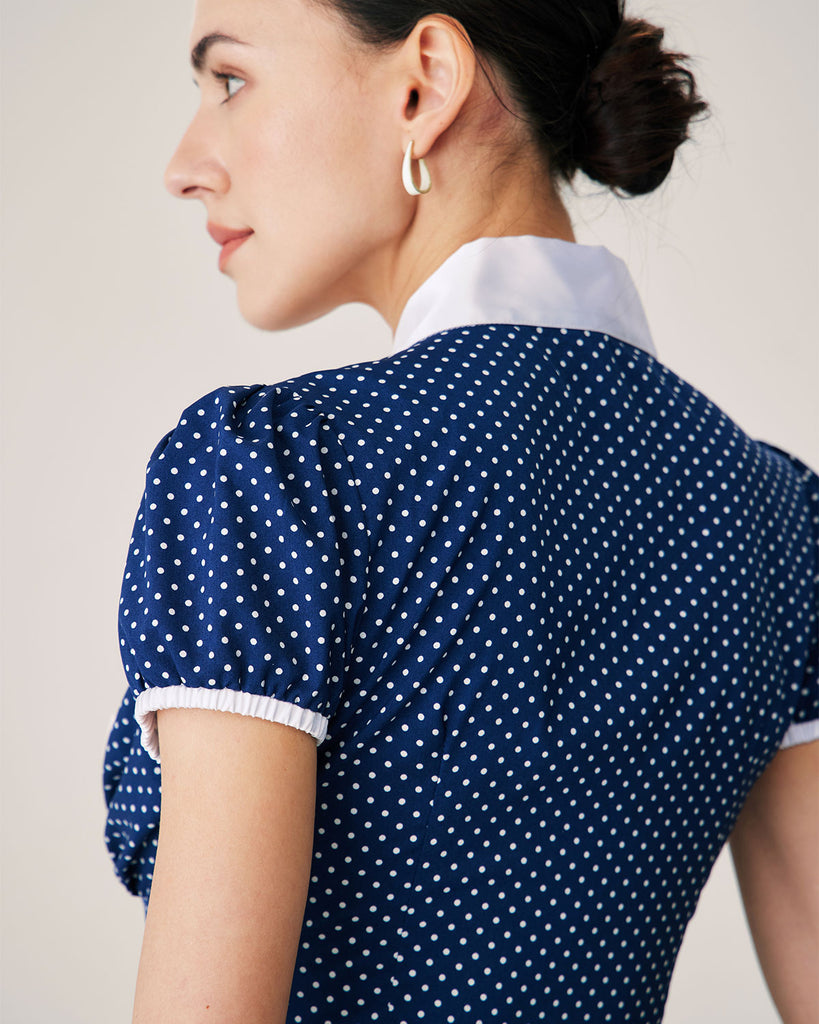 Blue Polka Dot Puffed Sleeve Blouse