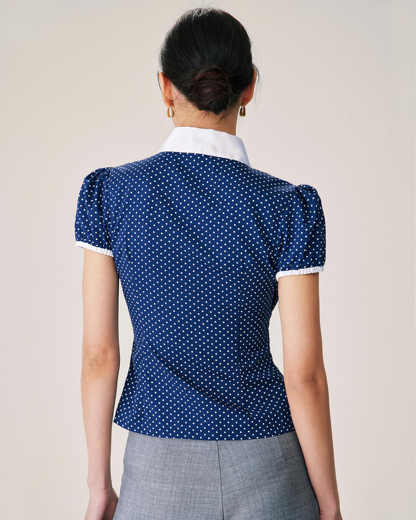 Blue Polka Dot Puffed Sleeve Blouse