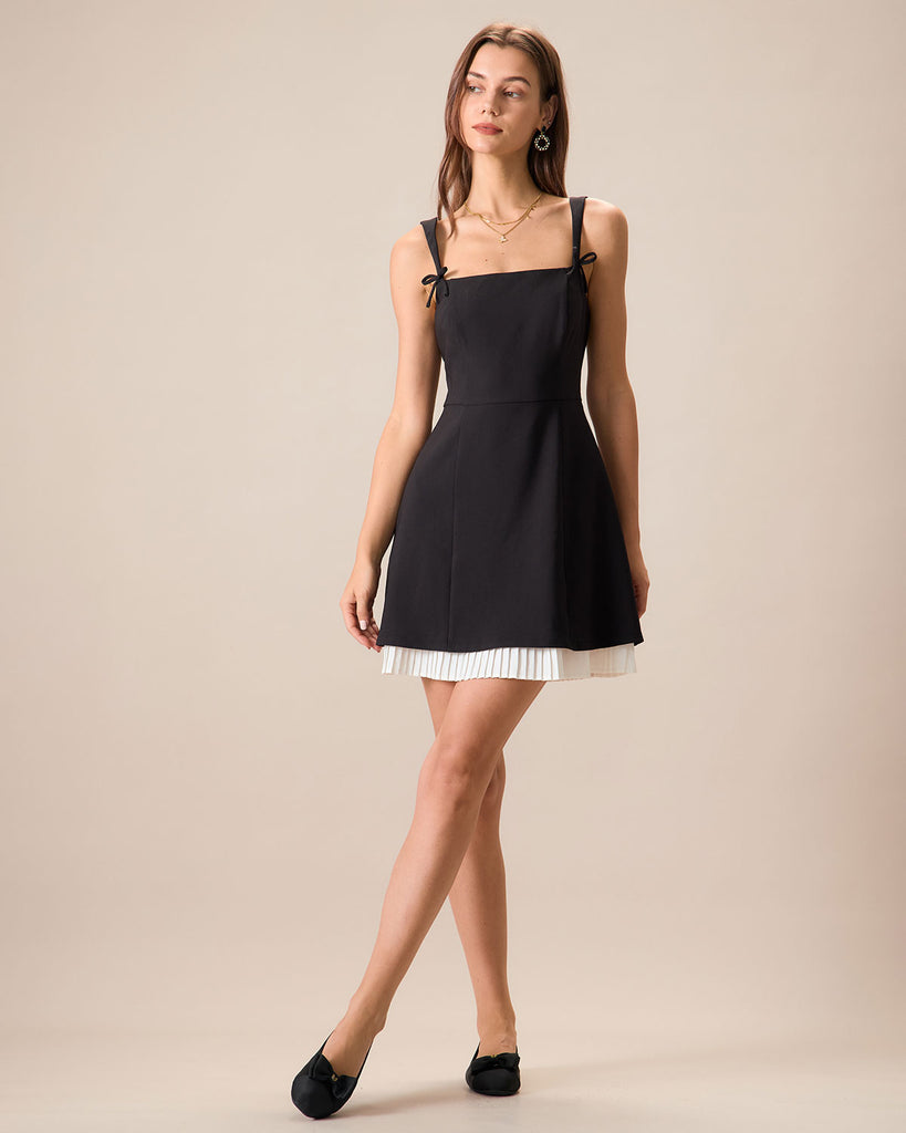 Women's Black Contrasting Bowknot Slip Mini Dress