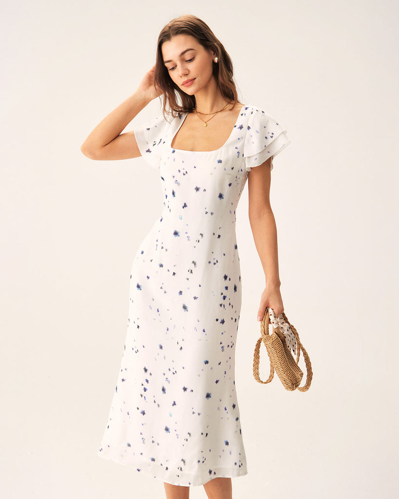 Beige Floral Square Neck Midi Dress