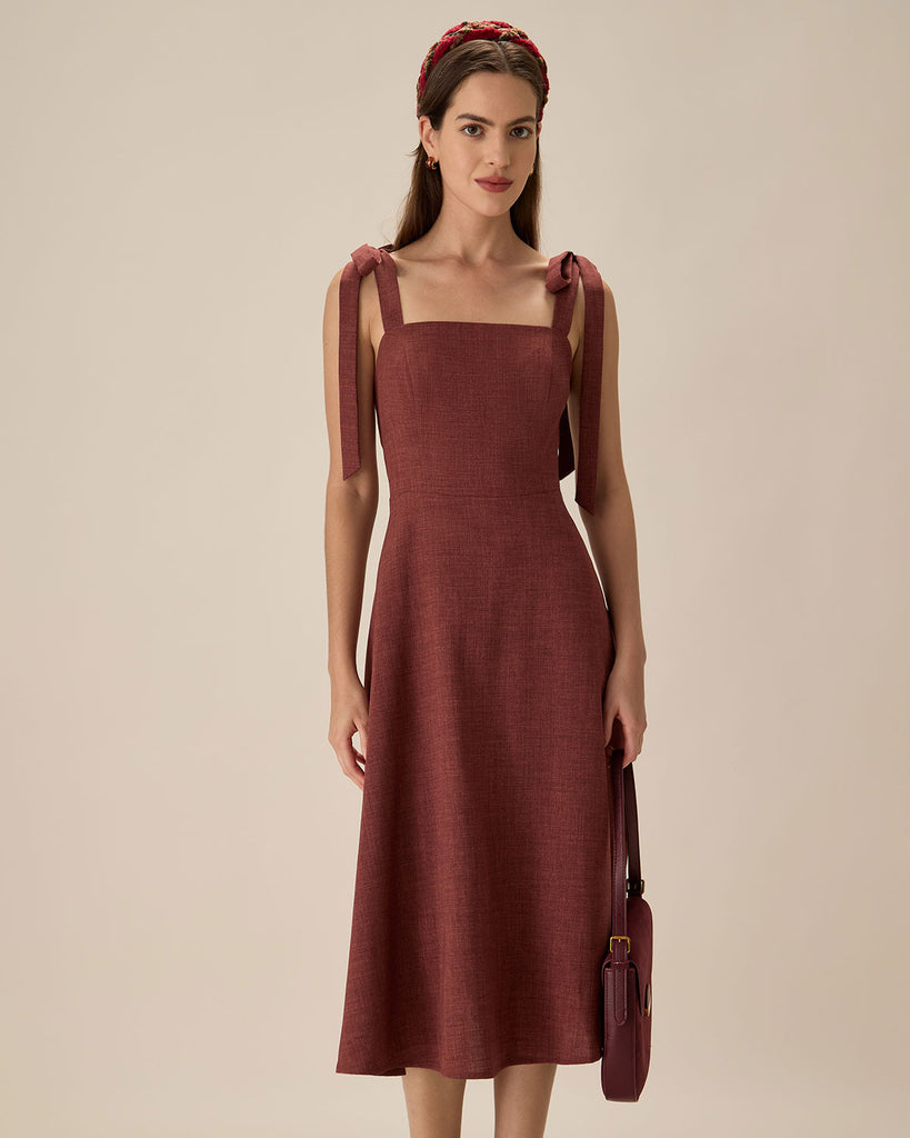 Women Woven Polyester Dresses Brick Red Dresses - RIHOAS