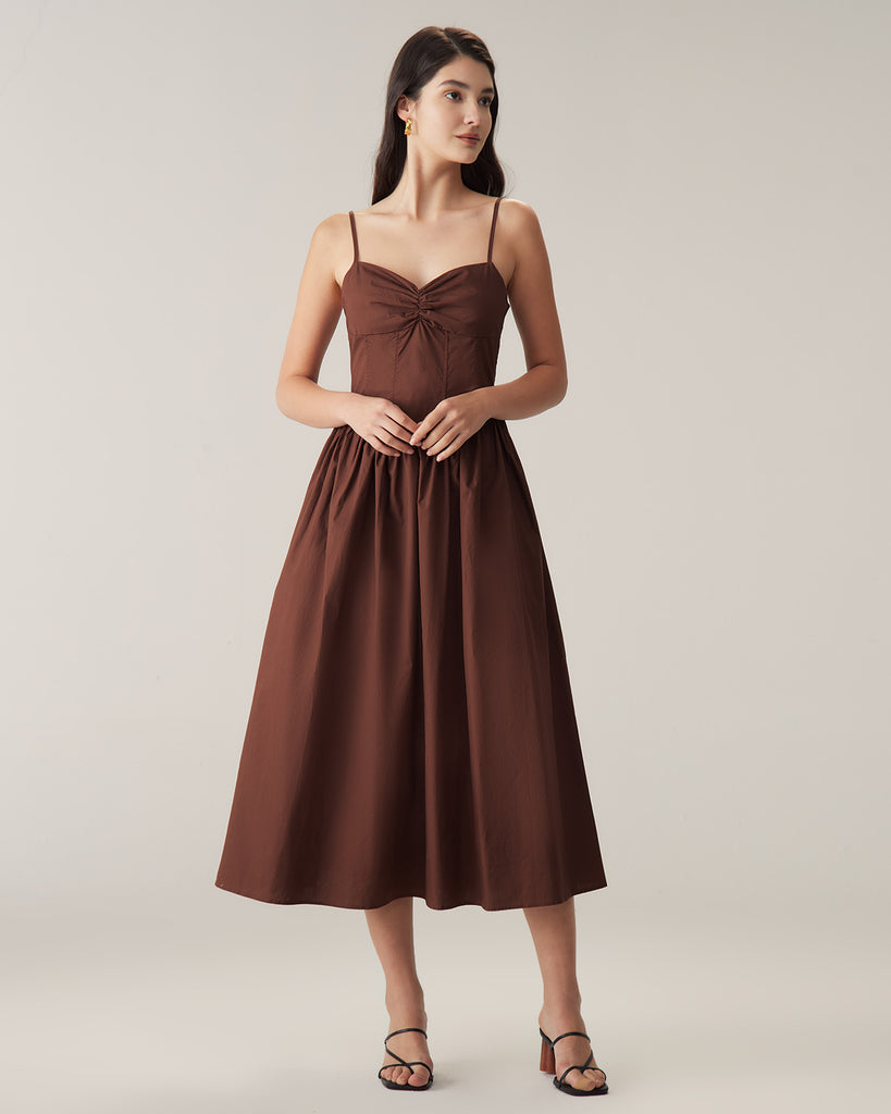 Brown Sweetheart Neck Slip Midi Dress