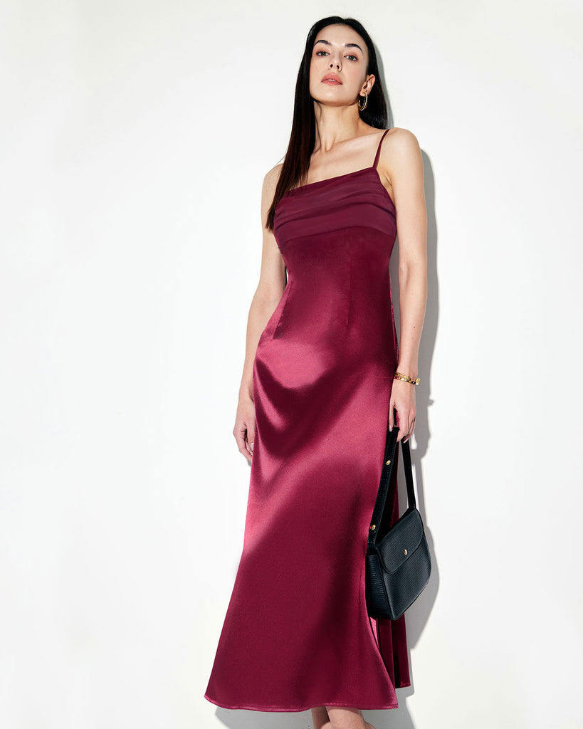 Red Satin Square Neck Slip Maxi Dress