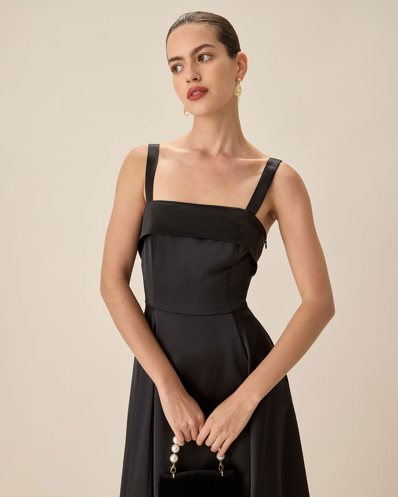 Black Satin Slip Midi Dress