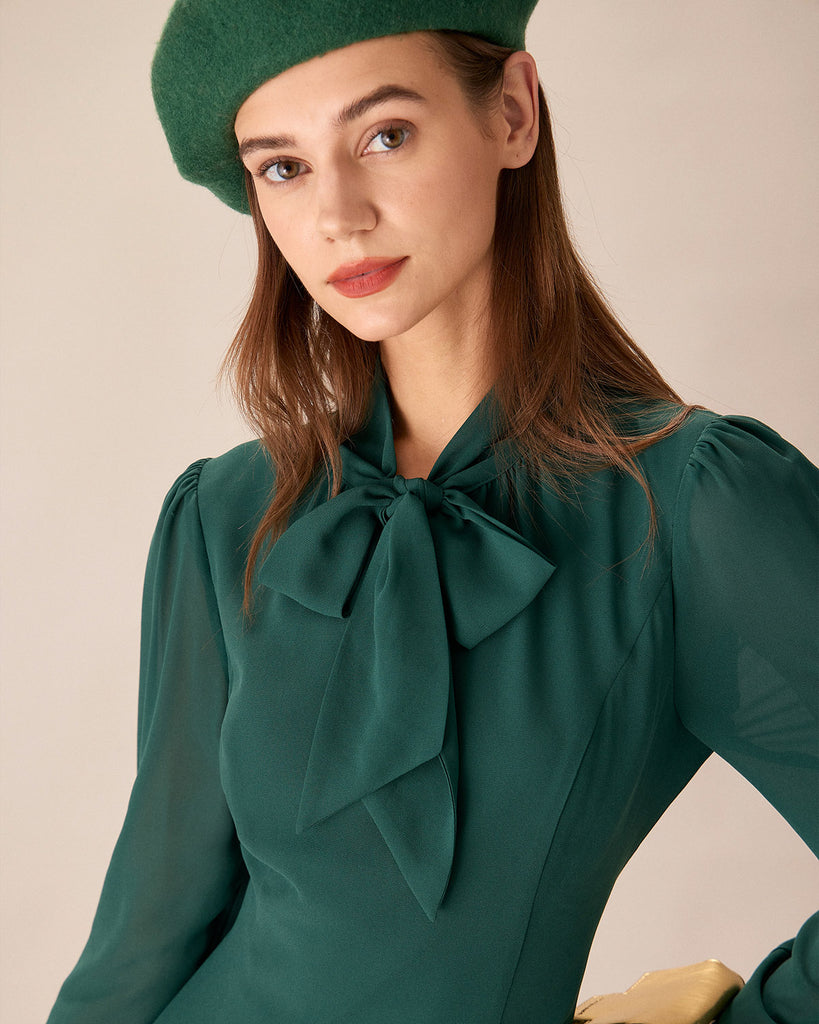 Green Tie Neck See-Through Mini Dress