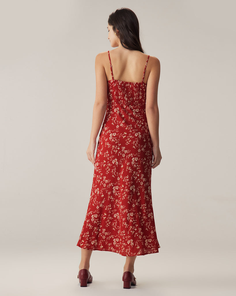 Red Floral Ruched Slip Midi Dress