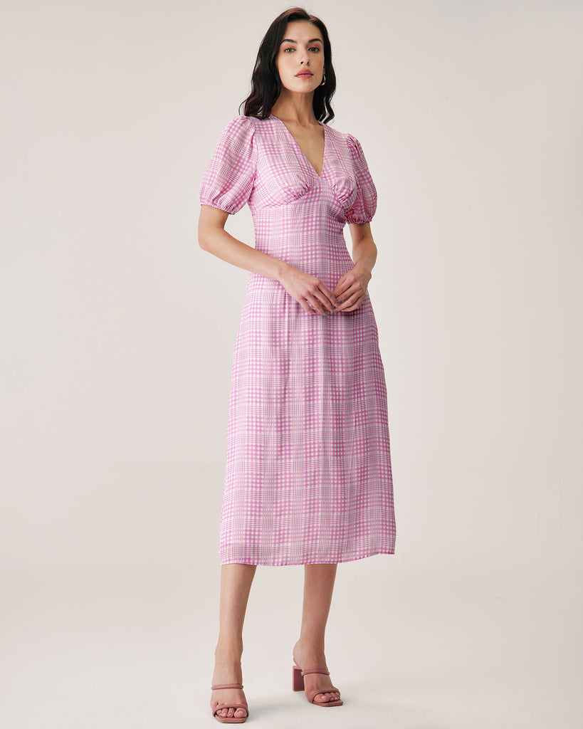 Pink Plaid V-Neck Midi Dress