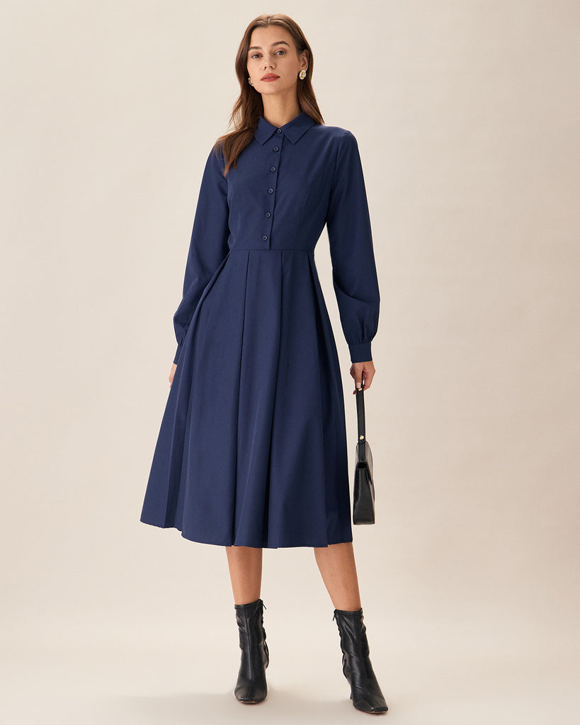 Navy Pleated Button Midi Dress