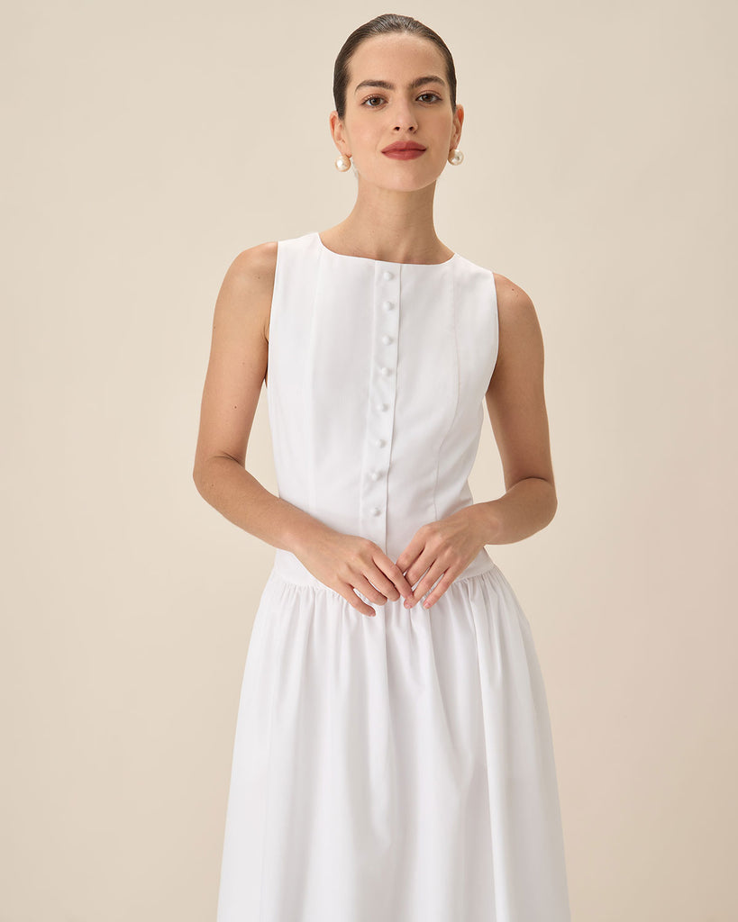 White Round Neck Pocket Maxi Dress