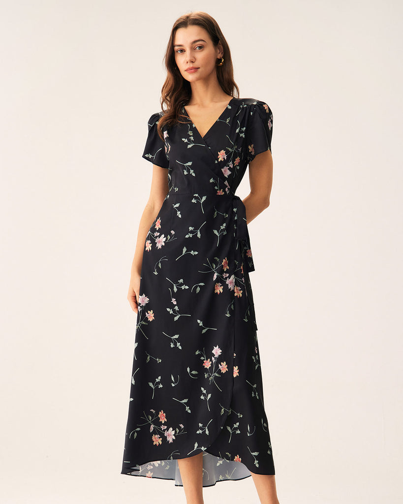 Black Floral Wrap Maxi Dress