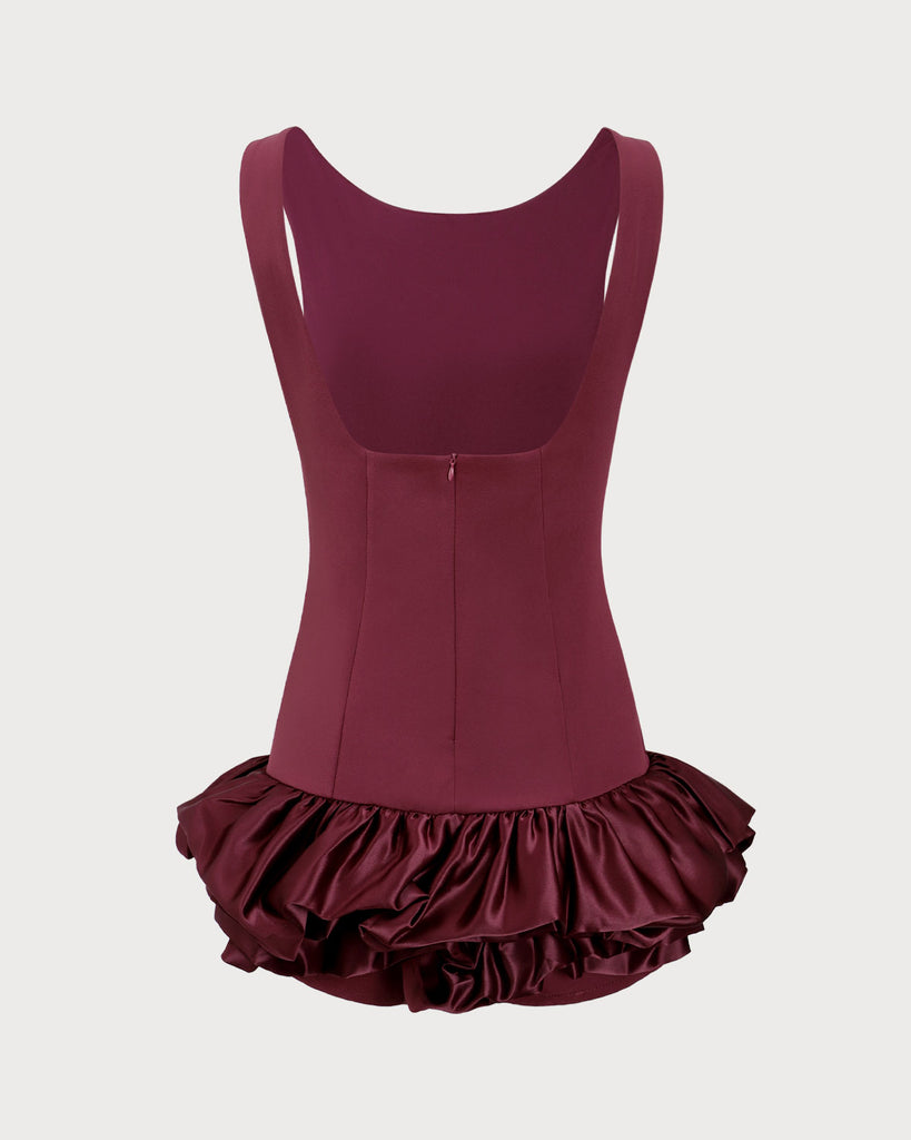 Wine Red Boat Neck Satin Mini Dress