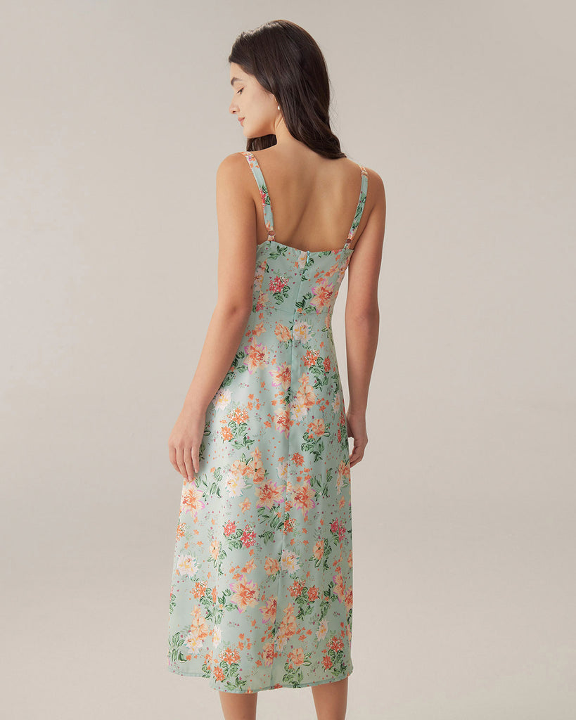 Green Floral Sweetheart Neck Slip Midi Dress