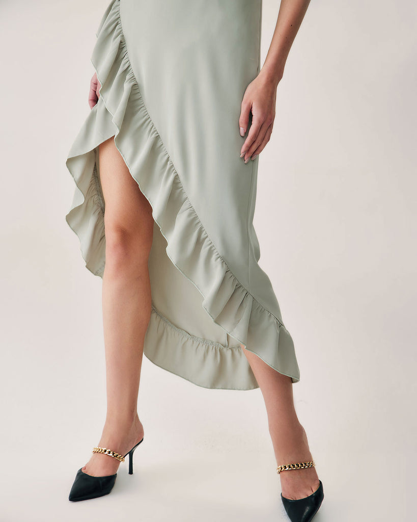 Green Ruffle Slit Slip Maxi Dress