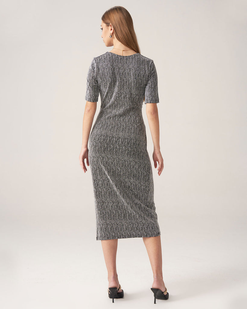 Silver V Neck Ruched Midi Dress