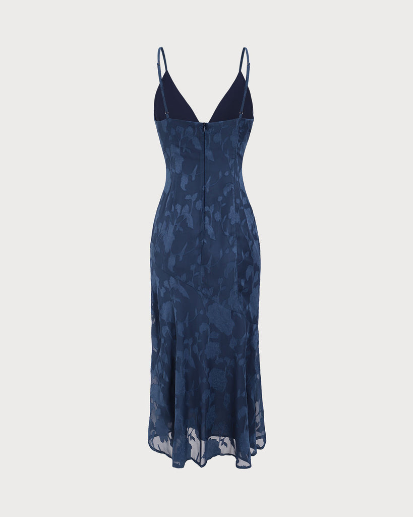 Navy Jacquard Mermaid Slip Midi Dress