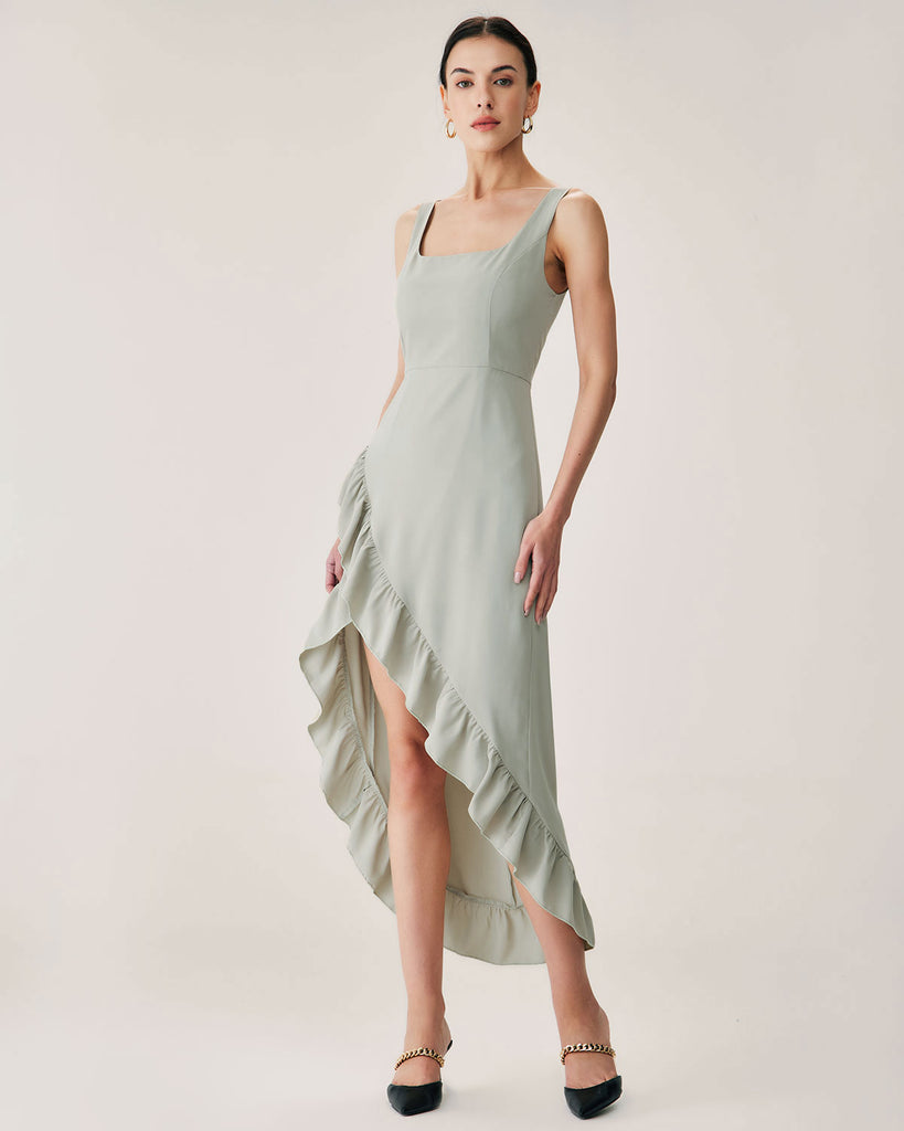 Green Ruffle Slit Slip Maxi Dress