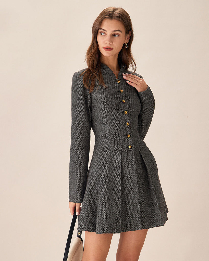 Grey Button Pleated Mini Dress