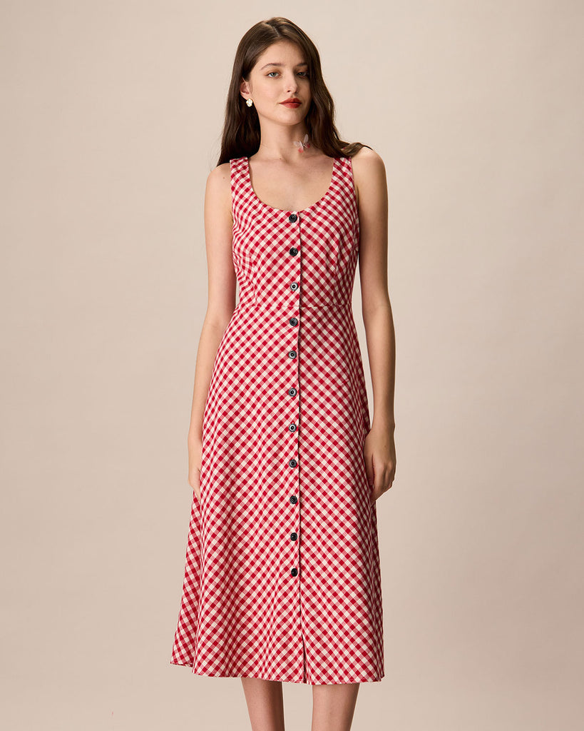 Women's Red U-Neck Plaid Midi Dress - RIHOAS