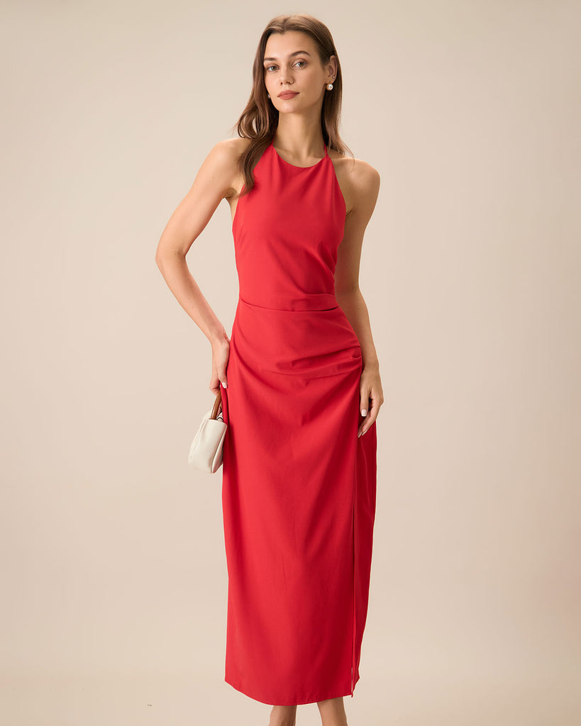 Women's Red Shirred Halter Maxi Dress