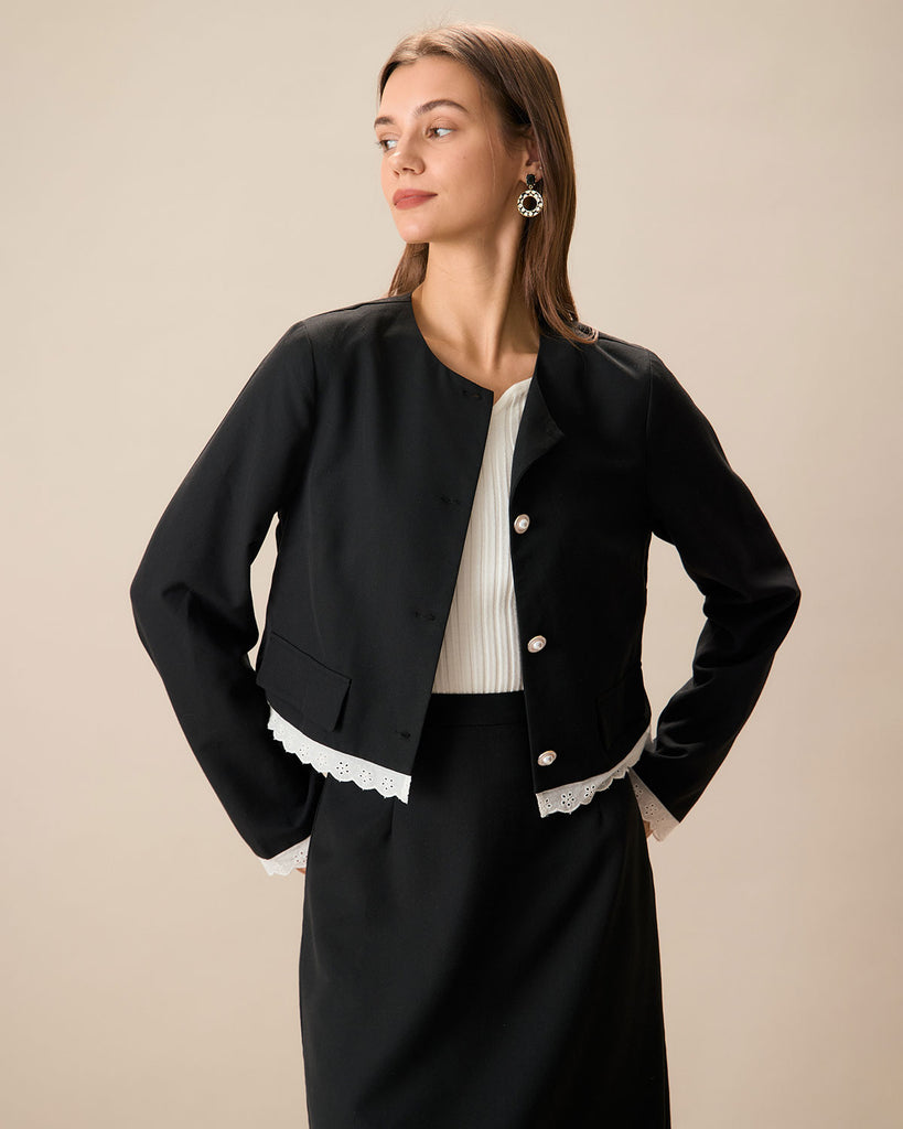 Women's Black Contrasting Single-Breasted Jacket