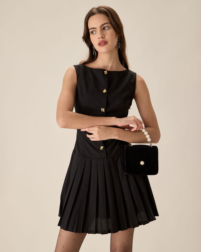 Black Boat Neck Pleated Mini Dress