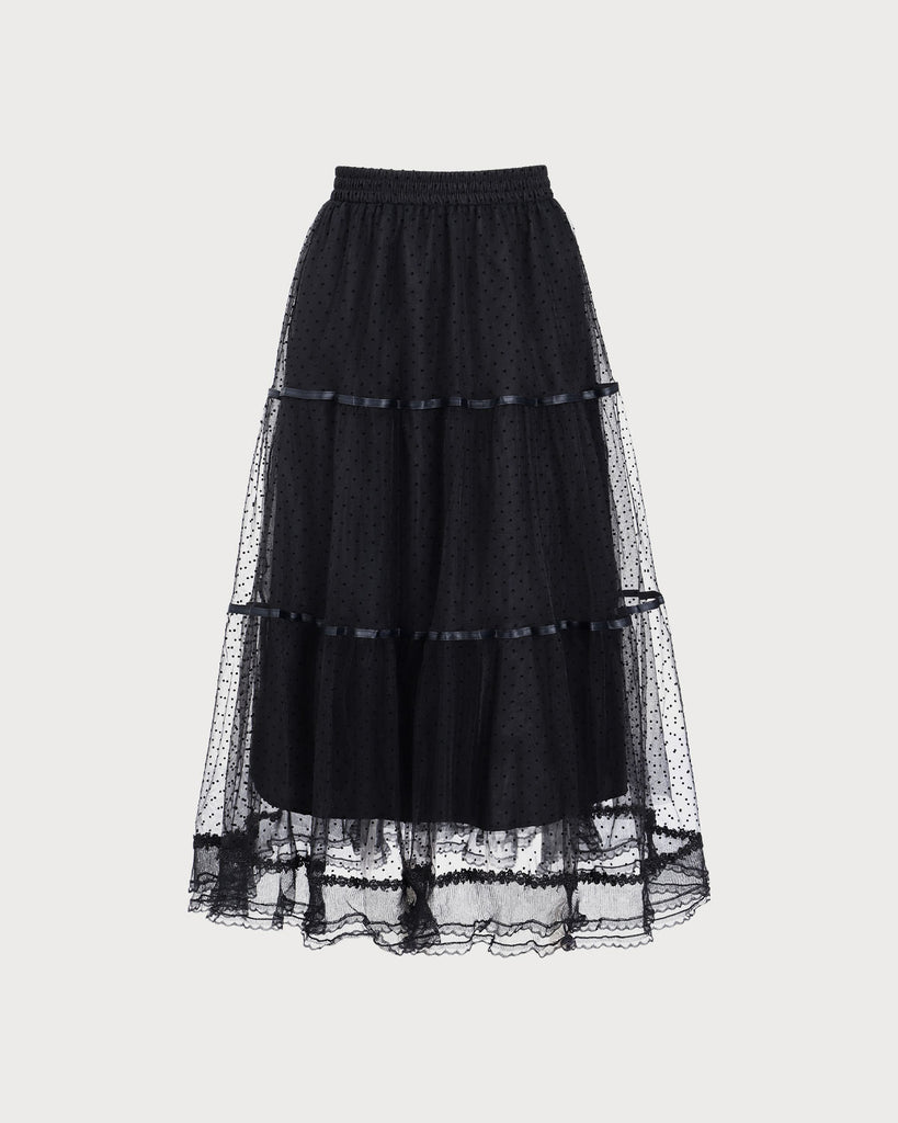 Black Mesh Tiered Midi Skirt