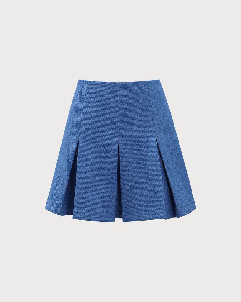 Blue High-waisted Pleated Mini Skirt