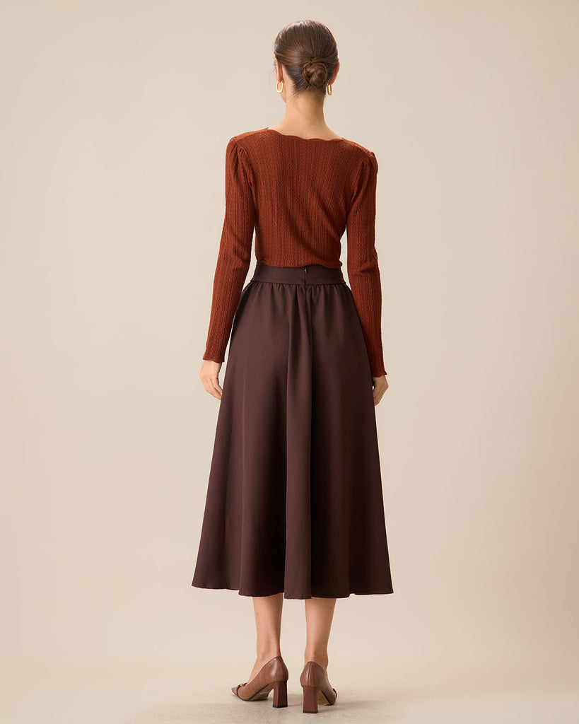 Women's Coffee High-waisted Pleated Midi Skirt