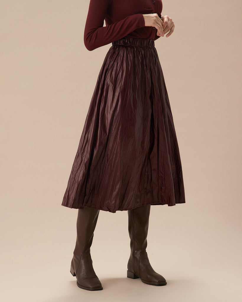 Women's Wine Red Elastic Waist Ruched Midi Skirt