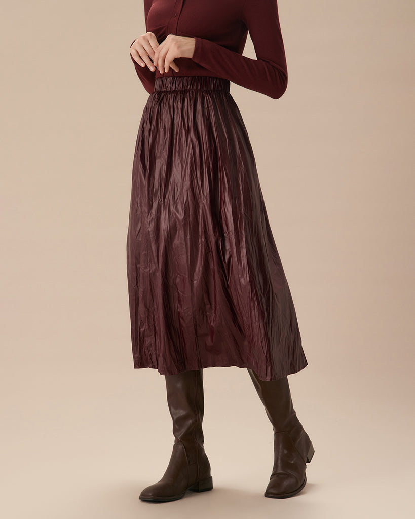 Women's Wine Red Elastic Waist Ruched Midi Skirt