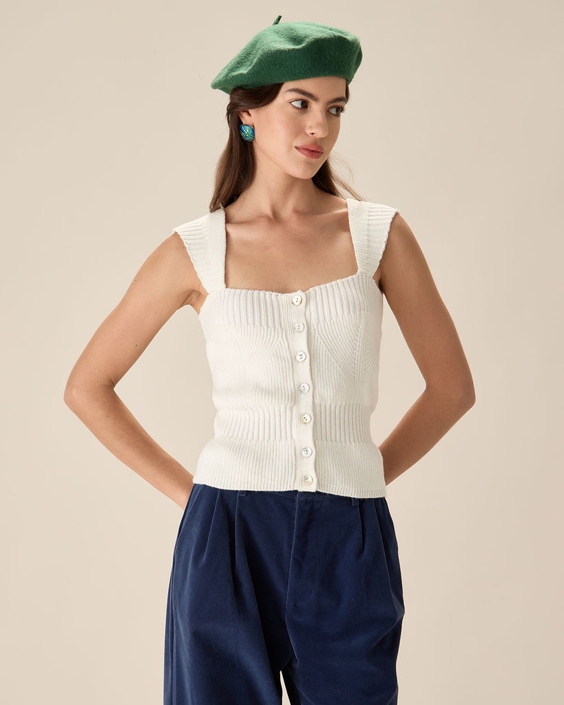 White Knit Button Tank