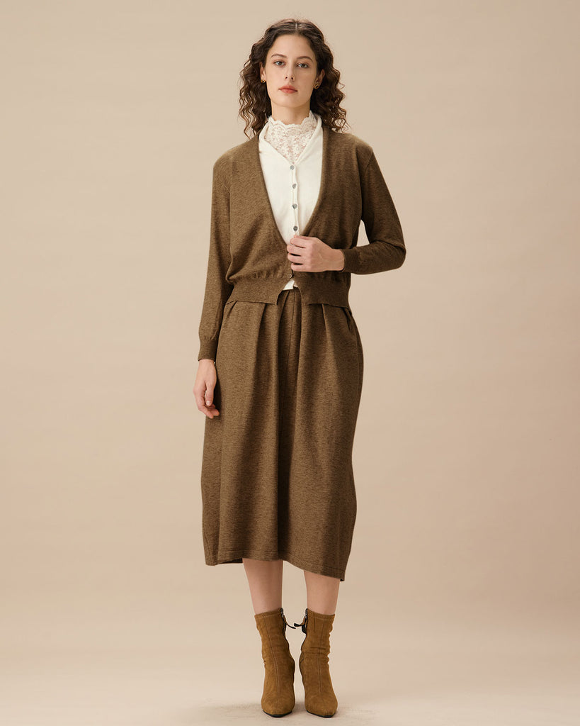 Brown V Neck Cardigan Skirt Set