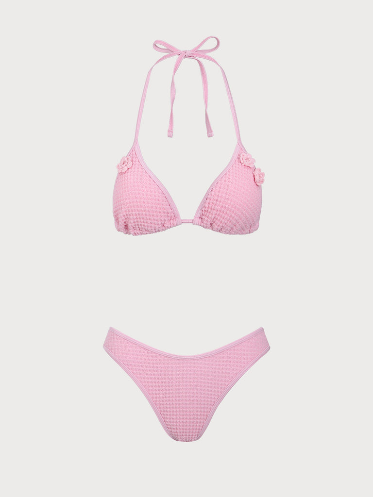 Pink Crochet Flower Bikini Set