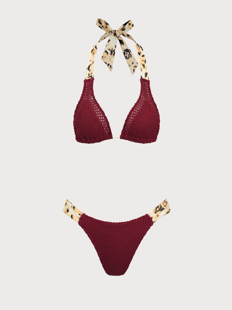 Burgundy Contrast Crochet Bikini Set