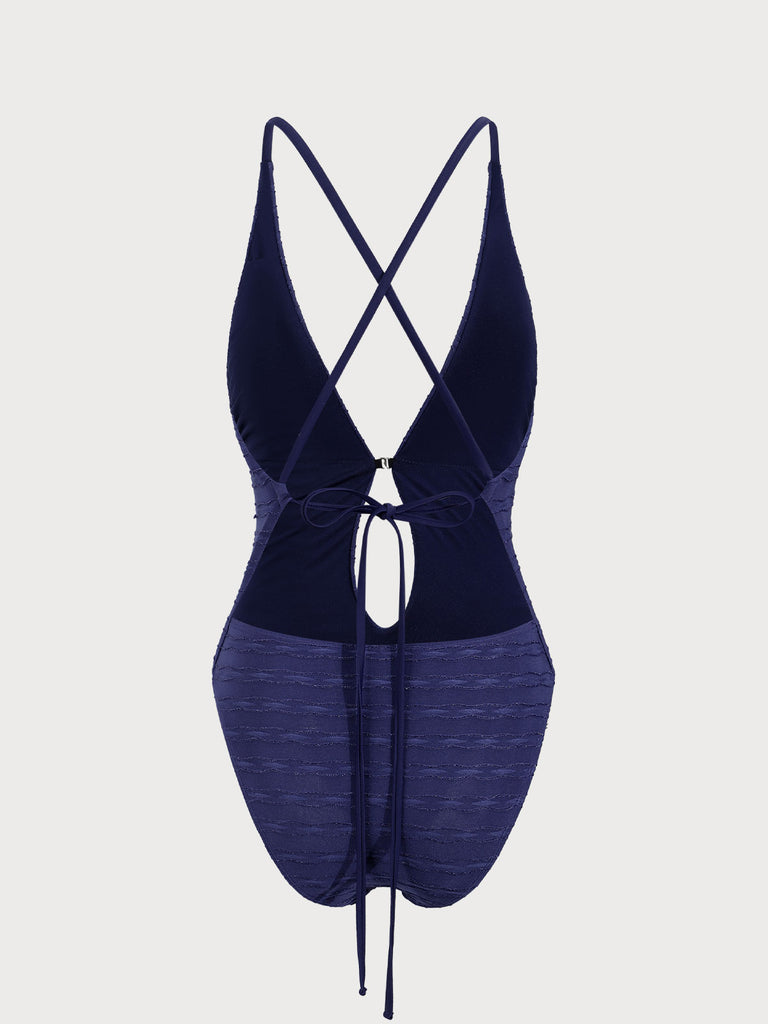 Blue Textured Tie Front One-Piece Swimsuit