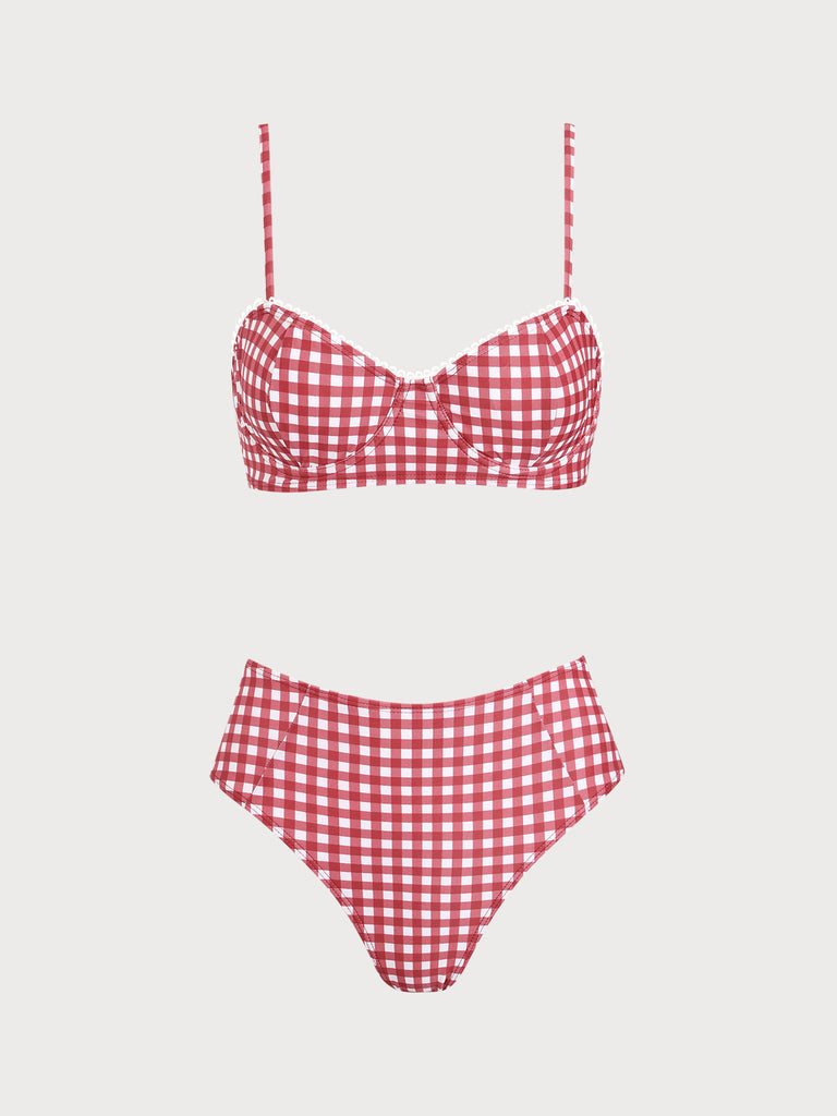 Red Plaid Tie-back Bikini Set