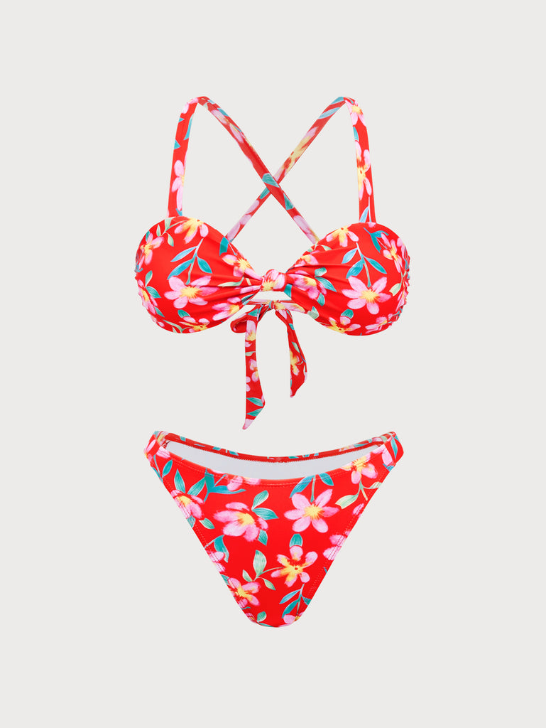 Red Floral Criss-Cross Bikini Set