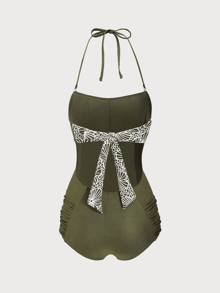 Green Ruched Halter One-Piece Swimsuit