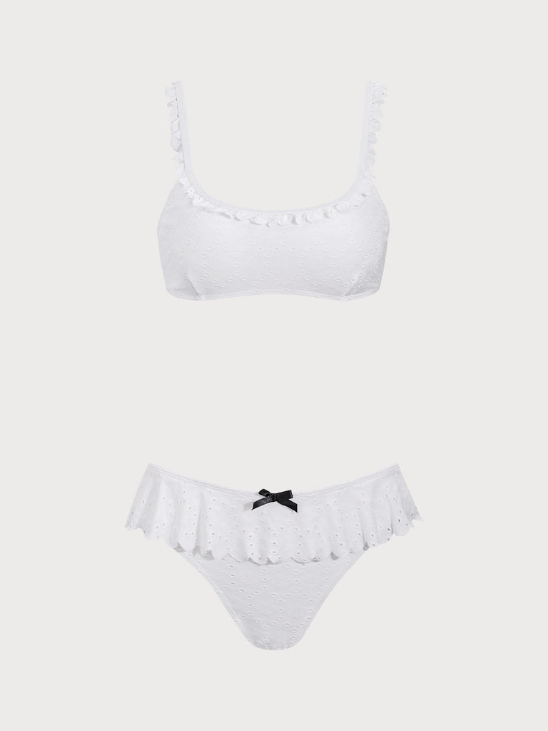 White Textured Ruffle Bikini Set