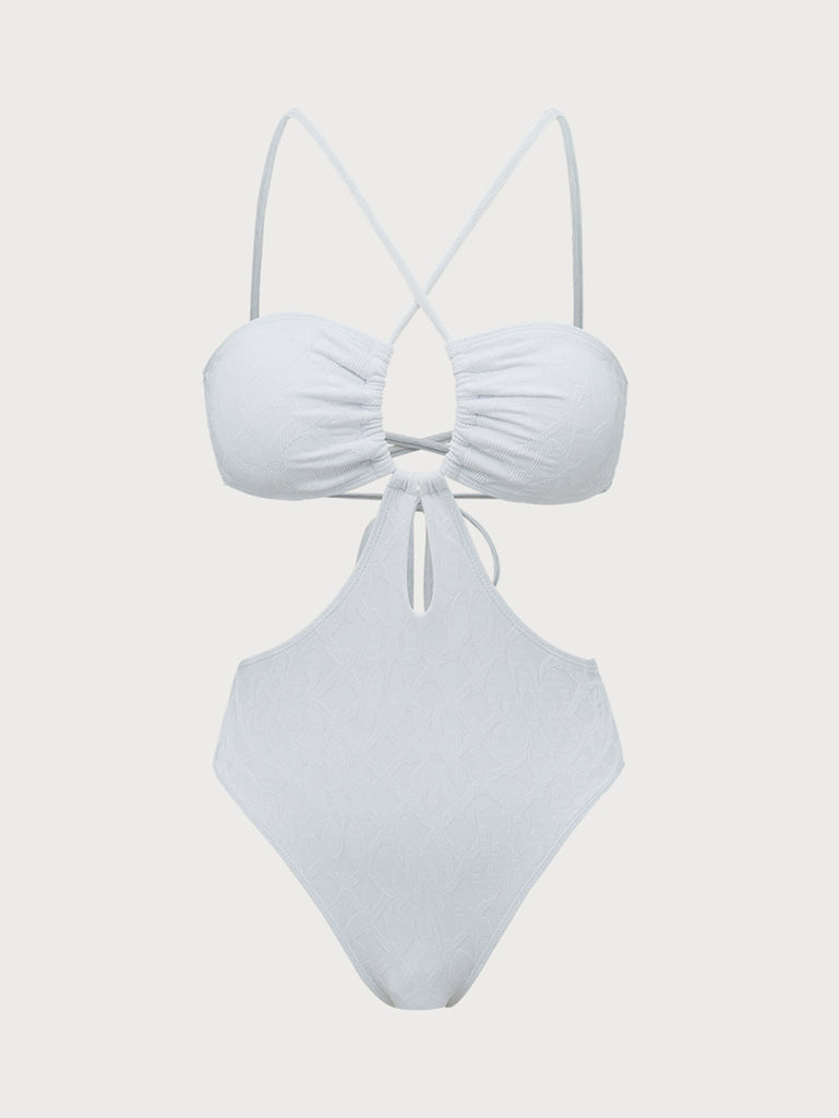 White Textured Halter One-Piece Swimsuit