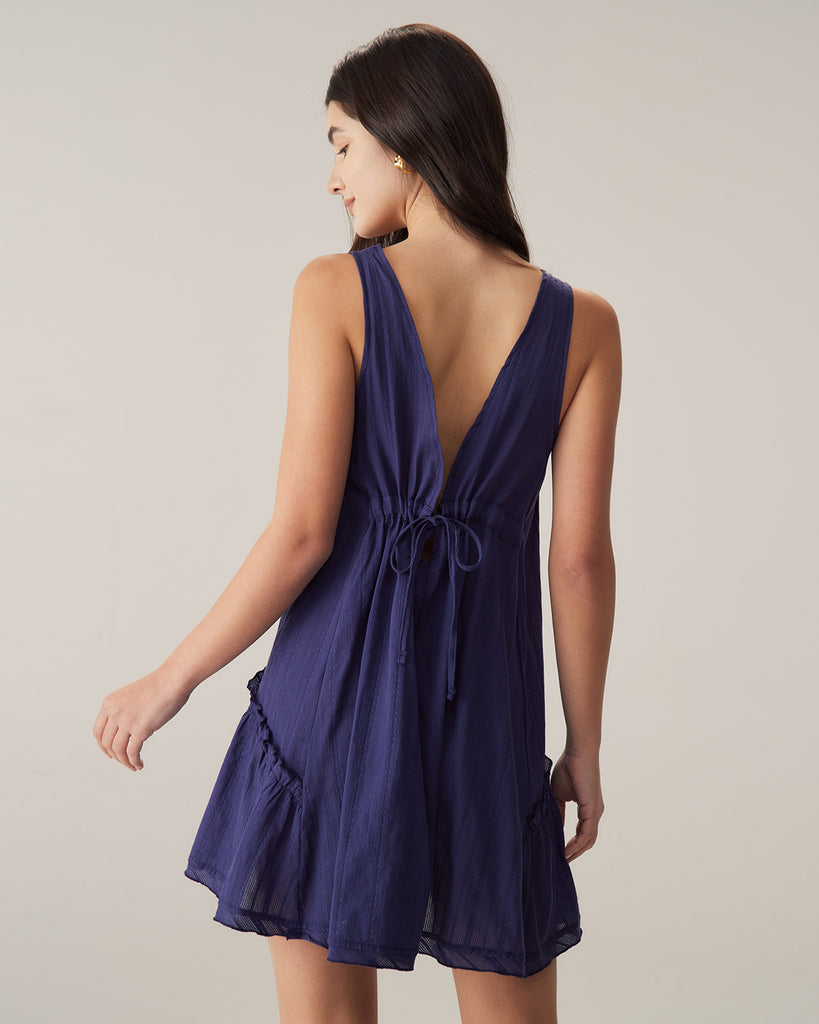 Navy Ruched Backless Mini Dress