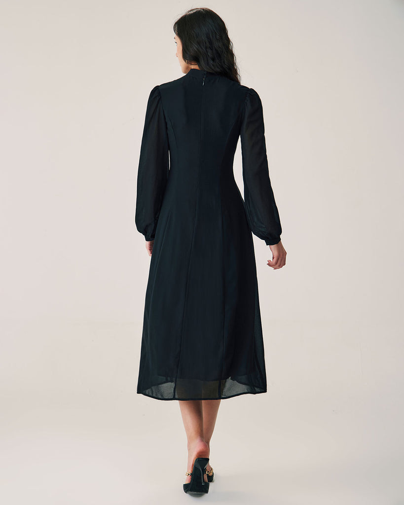 Black Sheer Turtleneck Flowy Midi Dress