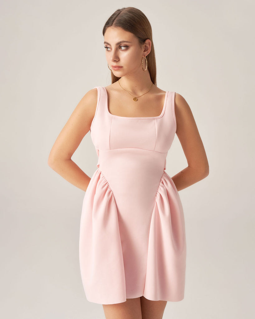 Pink Square Neck Bowknot Mini Dress