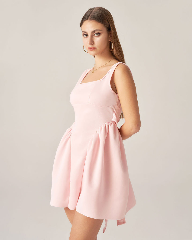 Pink Square Neck Bowknot Mini Dress