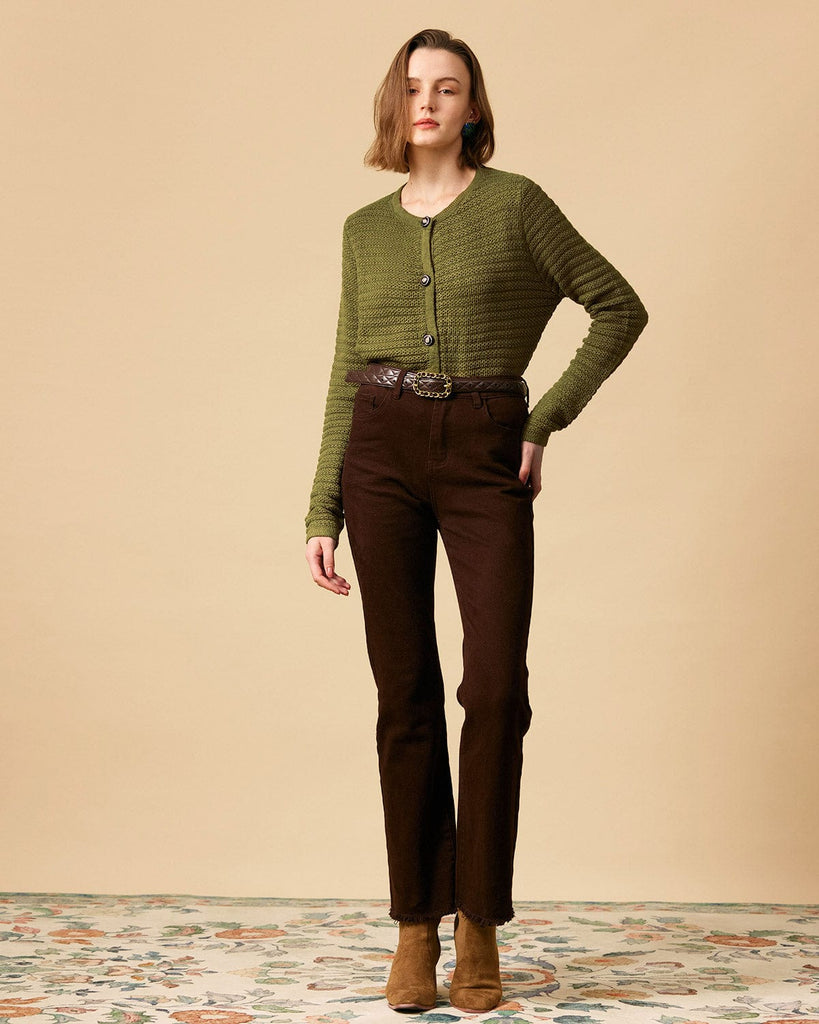 The Dual Pockets Sweater Cardigan Green Tops - RIHOAS