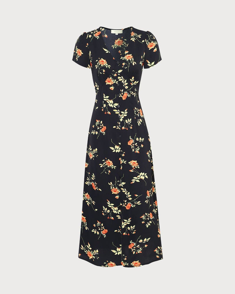 The Black V-Neck Button Detail Floral Maxi Dress Dresses - RIHOAS