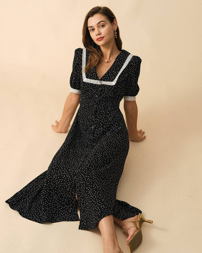 The Polka Dot Lace Trim Midi Dress - RIHOAS